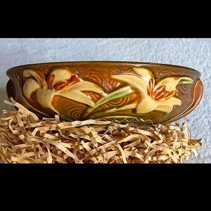 VINTAGE MCM Roseville Pottery Brown Zephyr Lily Console Bowl Vase 1940’s…